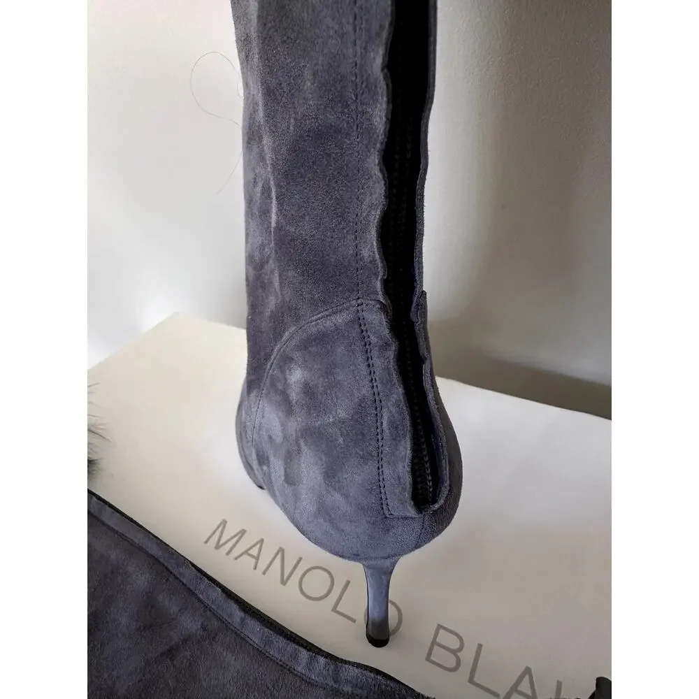 $1995 Manolo Blahnik Likanskim Boots Fur Suede Tall Womens Shoes Size 37.5 New